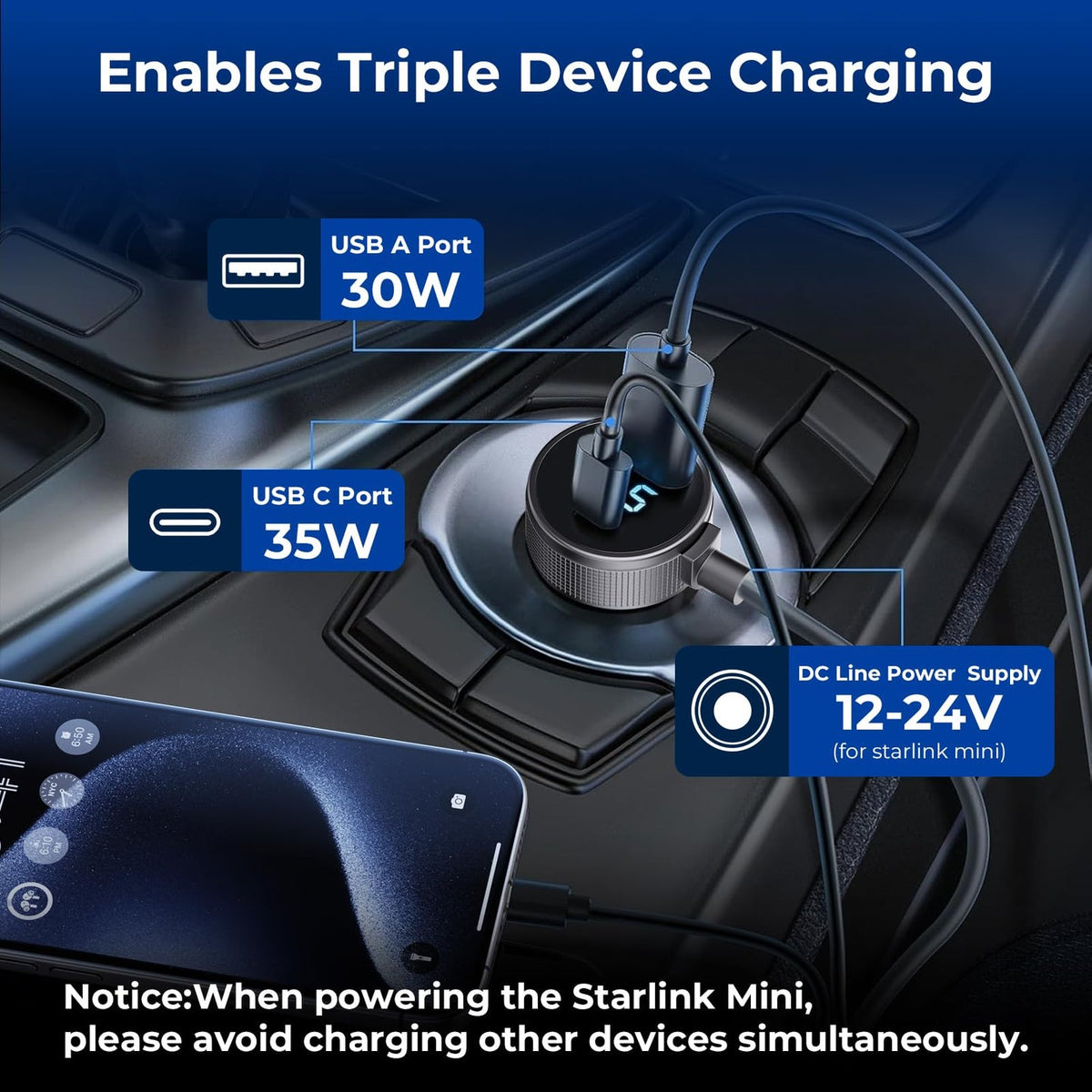 Starlink Mini 3-in-1 Vehicle Power Cable - 12-24V, 10/16.4FT