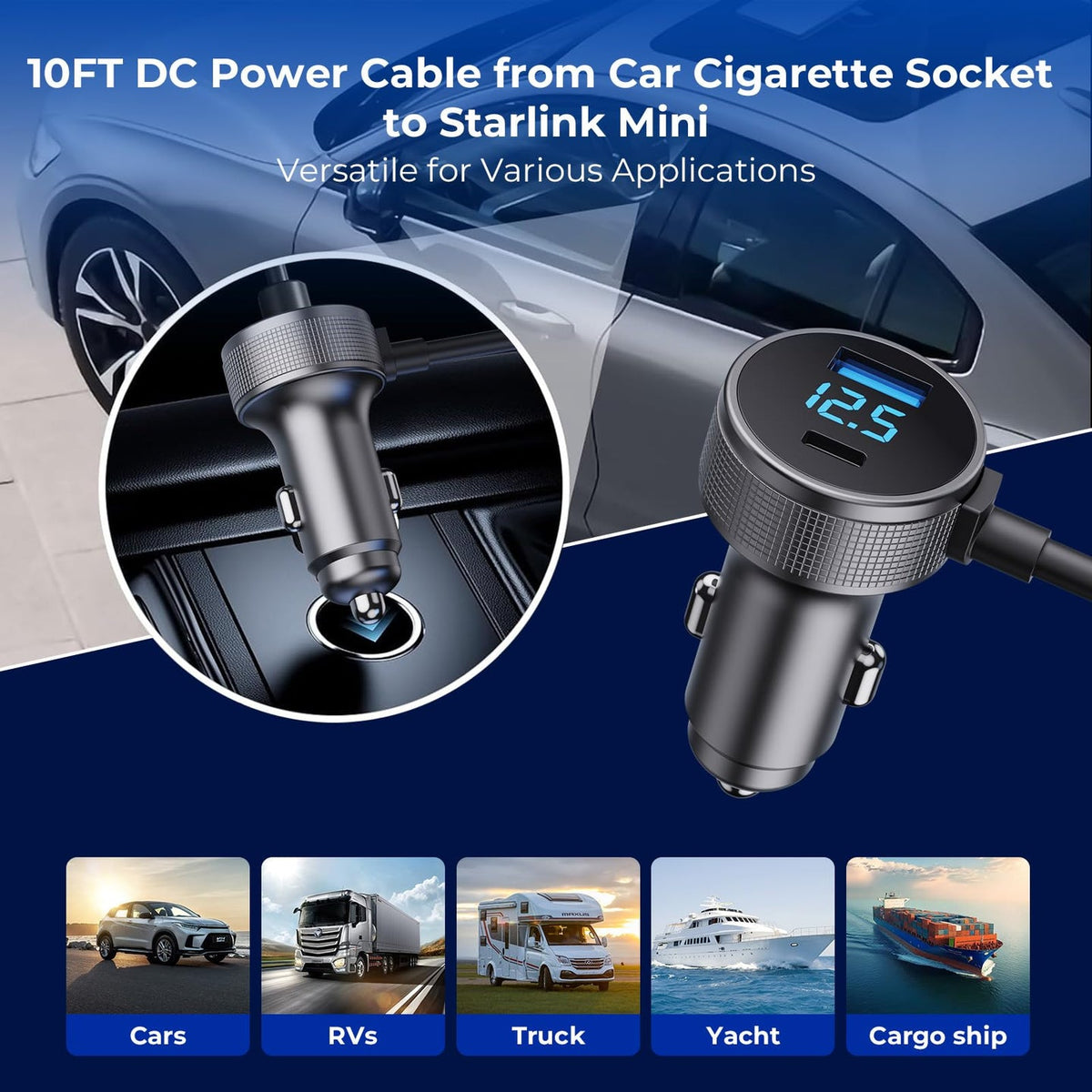 Starlink Mini 3-in-1 Vehicle Power Cable - 12-24V, 10/16.4FT