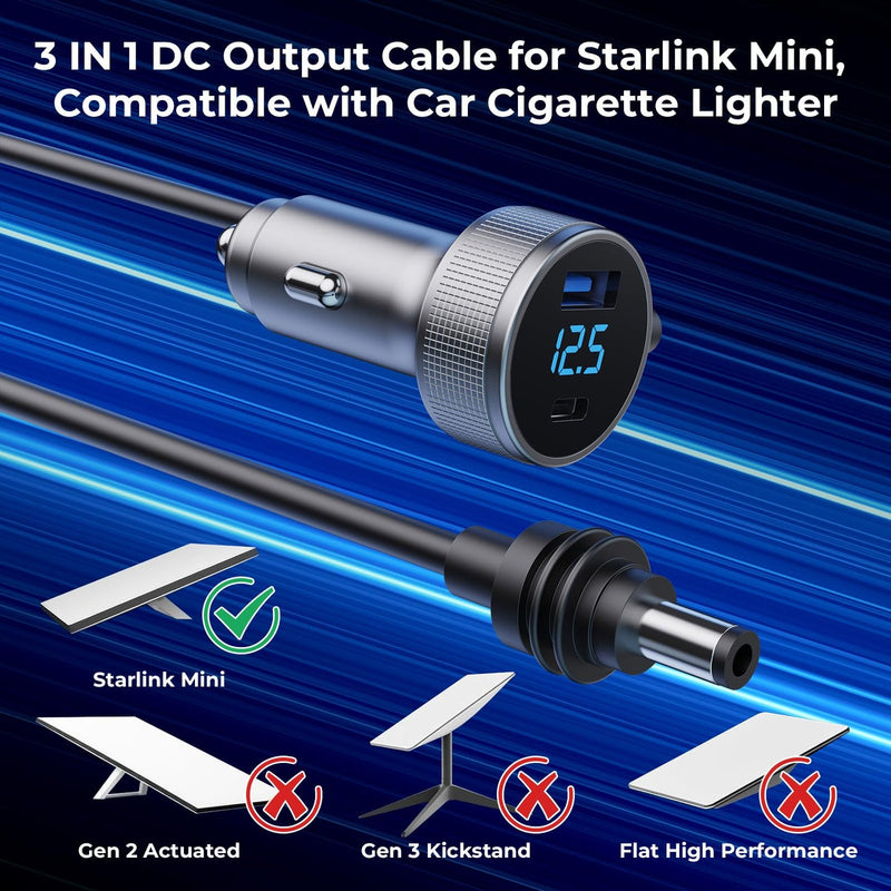Starlink Mini 3-in-1 Vehicle Power Cable - 12-24V, 10/16.4FT