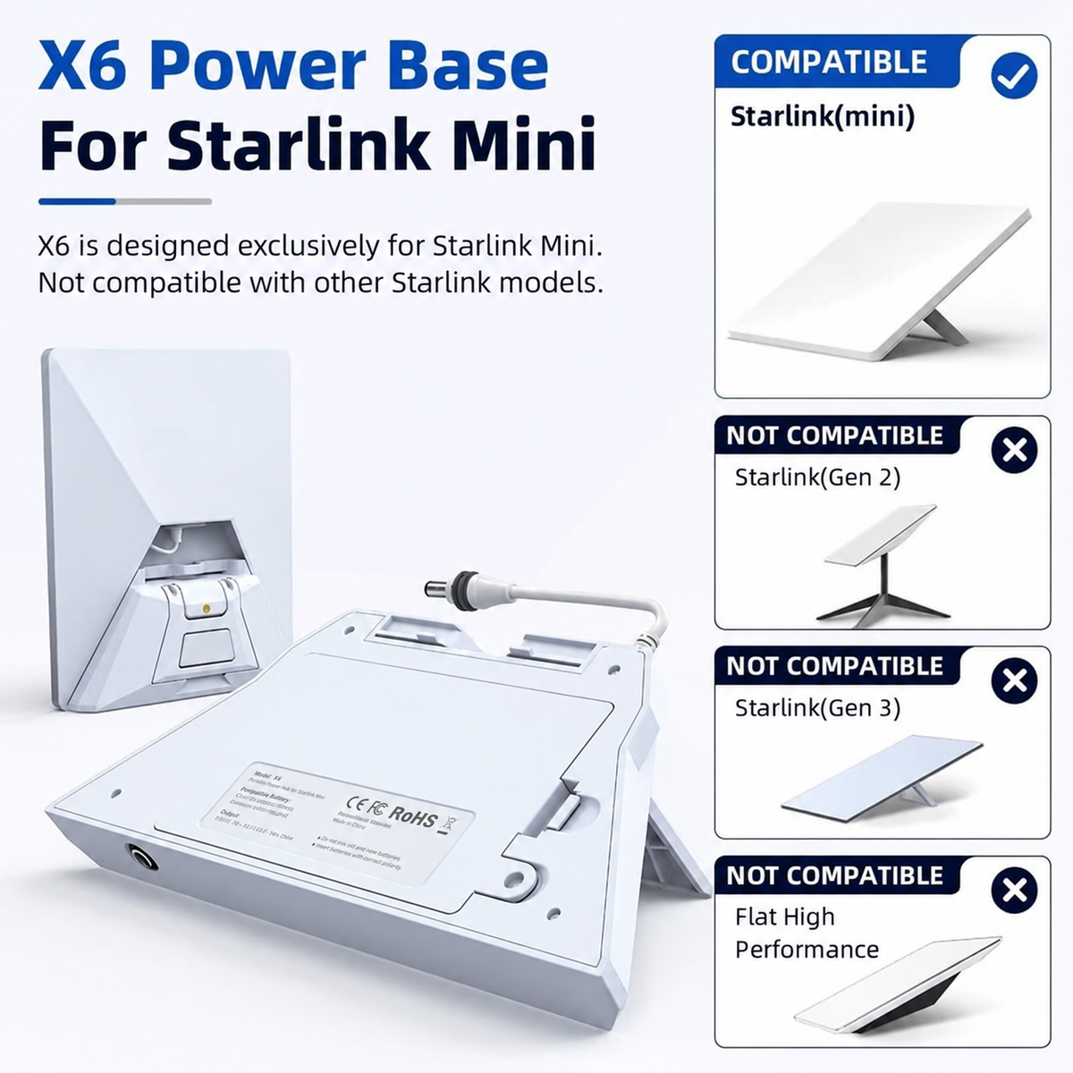 X6 Swappable Battery Power Base Compatible with Starlink Mini