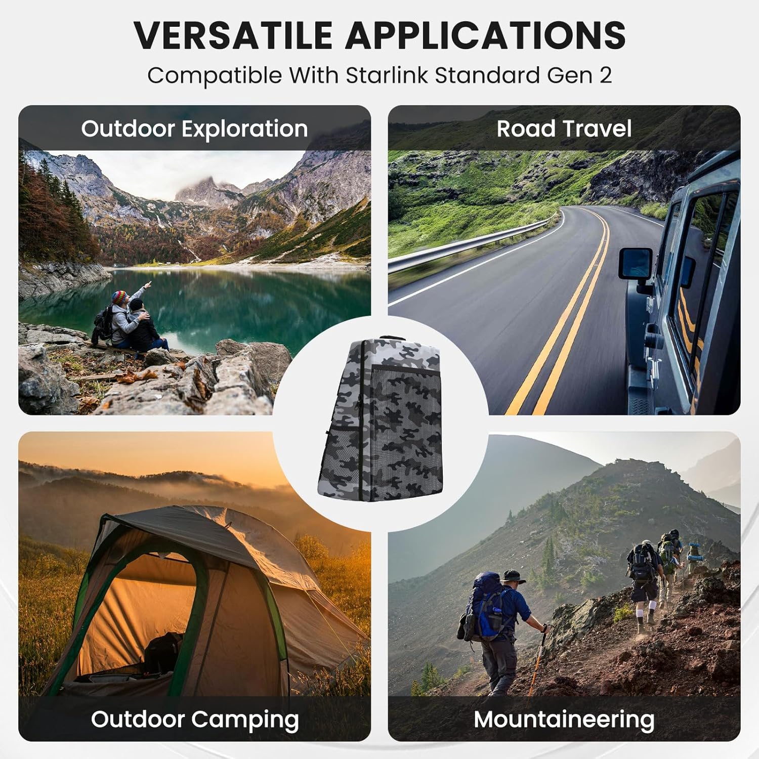 Outdoor Enthusiast Carrying Starlink Gen 2 Camo Backpack to Wilderness, Enabling Truly Mobile Internet Freedom.