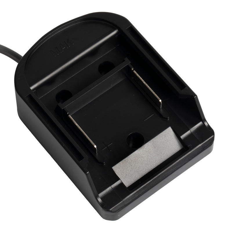 Adapter Securely Strapped to Makita Battery for a Unified Assembly, Preventing Vibration Disconnect.