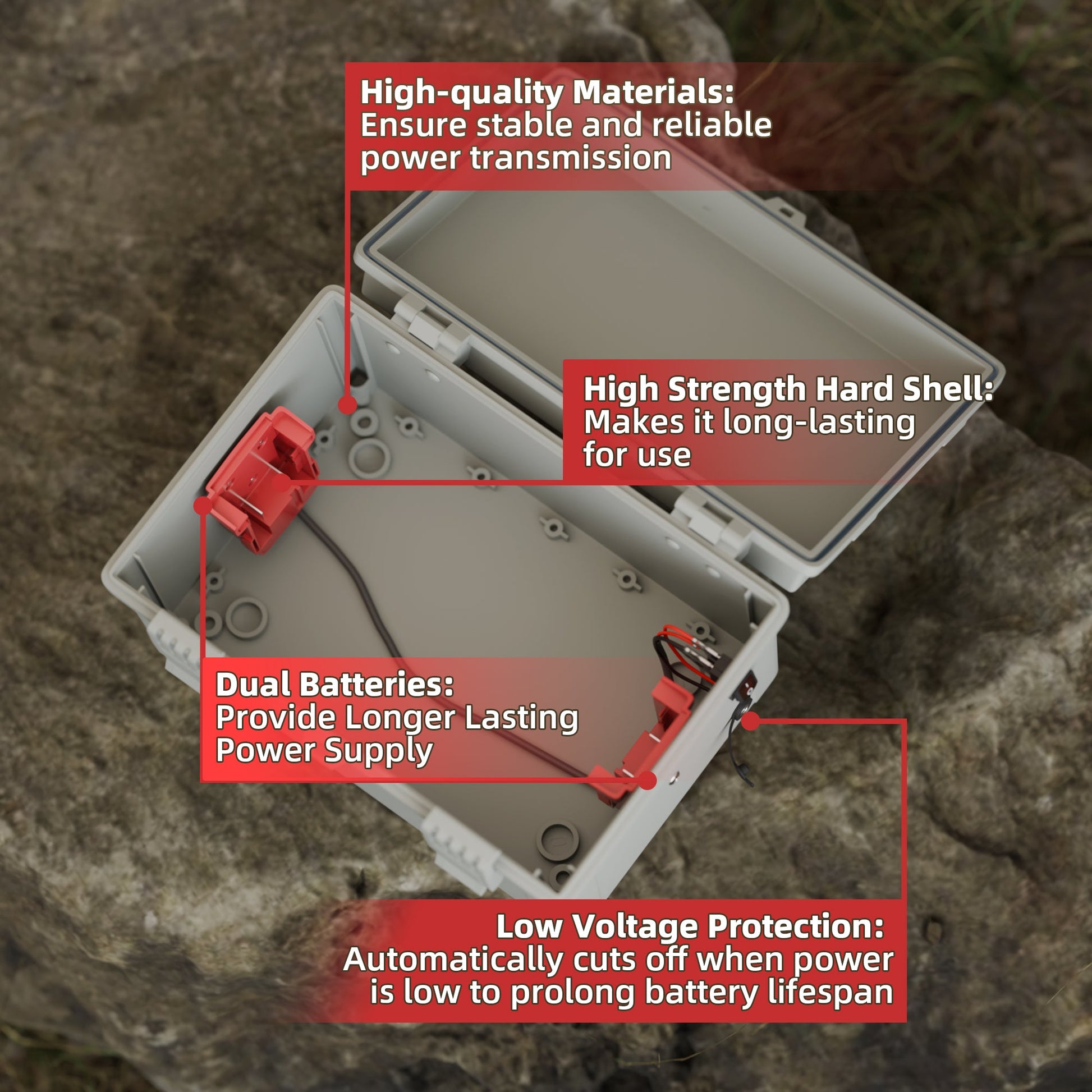 Heavy-Duty ABS Junction Box Shields Batteries & Circuitry from Rain, Mud, and Dust in Extreme Outdoors.