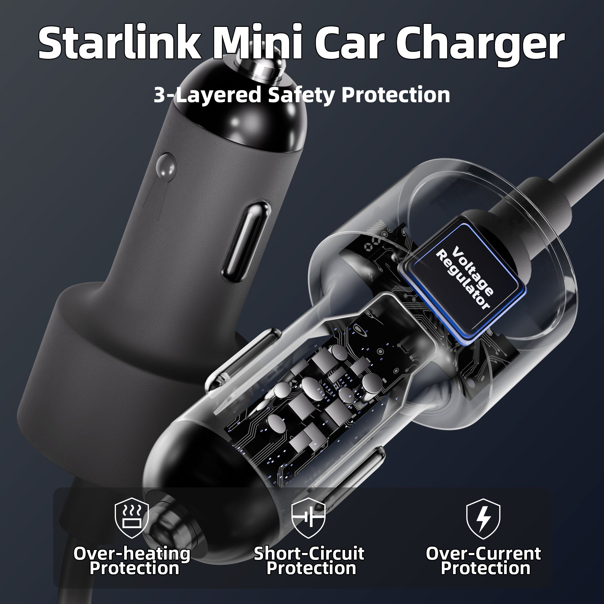 Close-up of the Starlink Mini car adapter’s real-time LCD display, monitoring vehicle battery voltage and current draw to ensure safe off-grid power usage outdoors