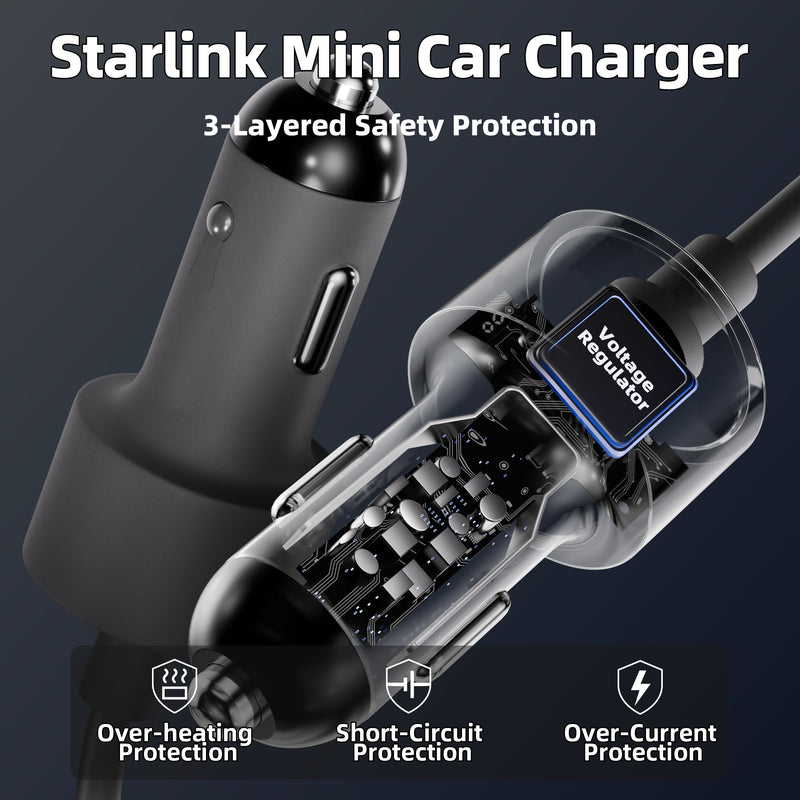 Close-up of the Starlink Mini car adapter’s real-time LCD display, monitoring vehicle battery voltage and current draw to ensure safe off-grid power usage outdoors