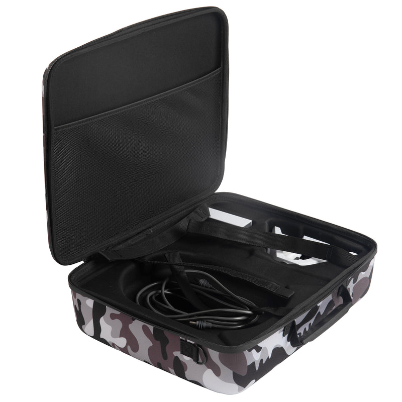 Custom Interior with Molded Compartments and Mesh Pocket, Organizing Dish, Cables, and Adapters.