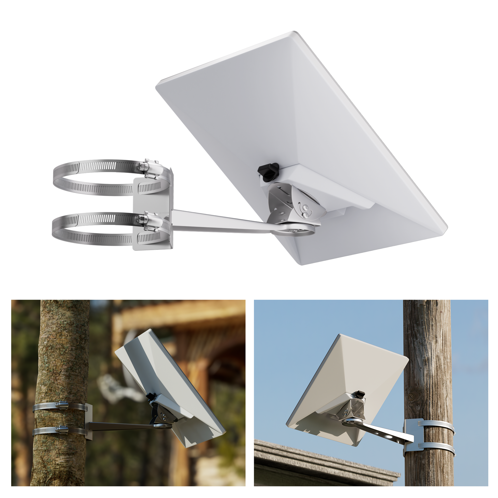 Dual Adjustable Stainless Steel Straps for Secure Mounting on Various Poles, Ladder Rungs, Racks, and Beams Without Drilling.