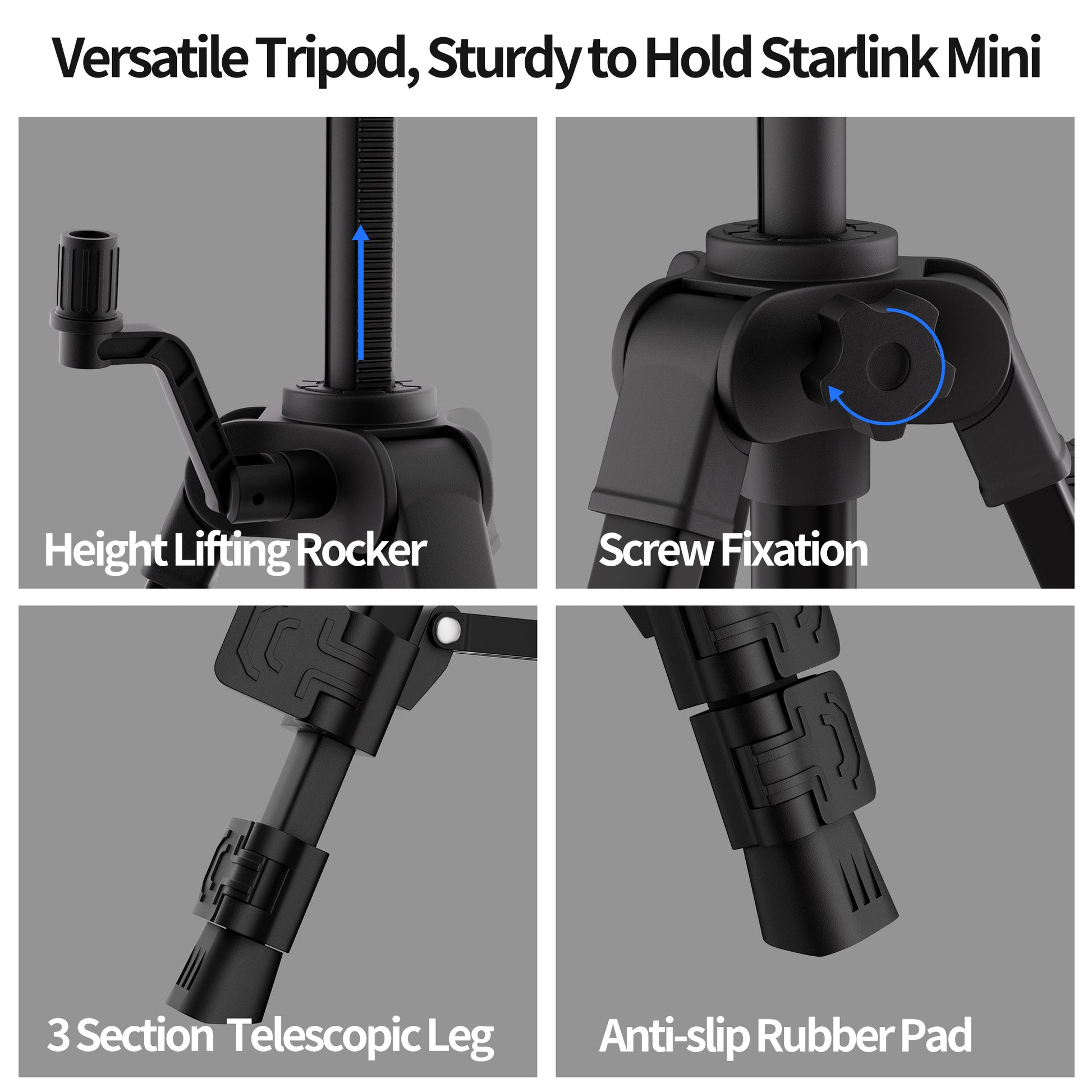 Quick-Fold Mechanism Demo of Starlink Mini Tripod for Tool-Free Setup and Pack-Down in Seconds, Ideal for Mobile Internet Stations.