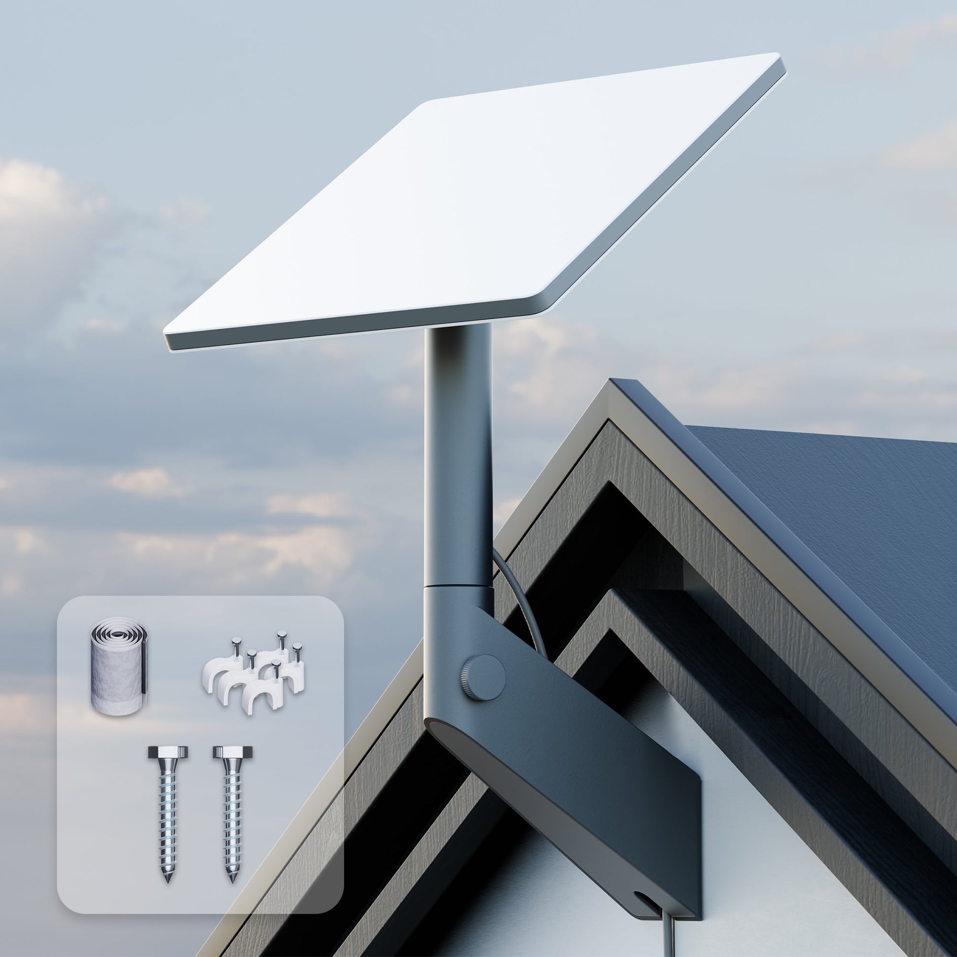 Full Kit Includes: Bracket, 9.13″ Pole, Screws, Cable Clips, Sealing Tape, Everything for Installation.