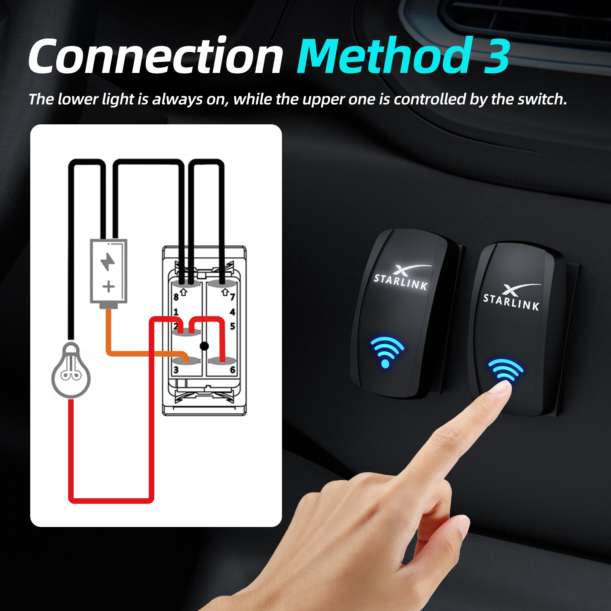 Jumper Wire Set with Two Configurations: Choose “Always-On” or “Active-Only” Backlight for Cabin Aesthetics.