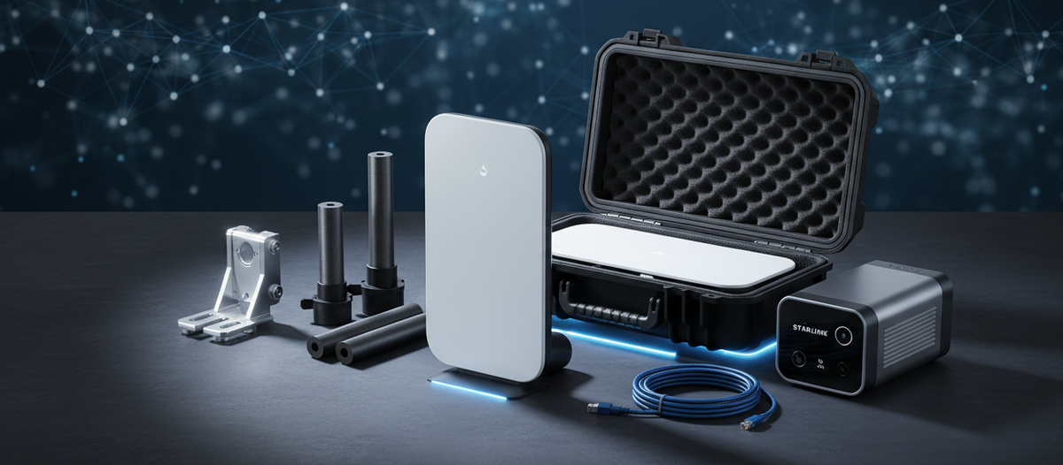 A portable electronic device kit displayed on a dark surface, including a white rectangular device, an open black hard carrying case with foam interior, a black power unit, a blue cable, and metal mounting hardware, set against a dark blue bokeh background.